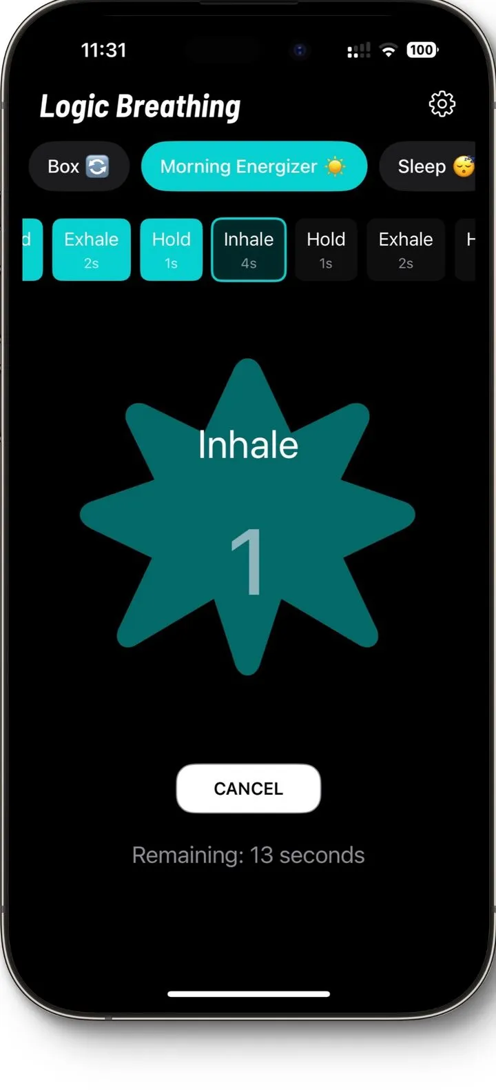 A session in progress: the star pacer says Inhale while timing chips show each phase of the pattern.