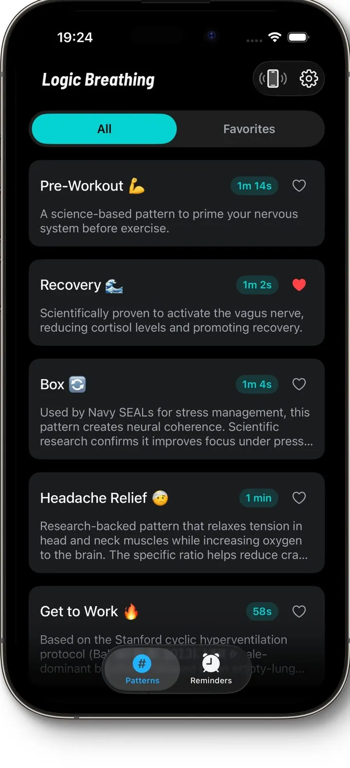 The Logic Breathing home screen: a list of patterns by goal — Pre-Workout, Recovery, Box, Headache Relief, Get to Work.