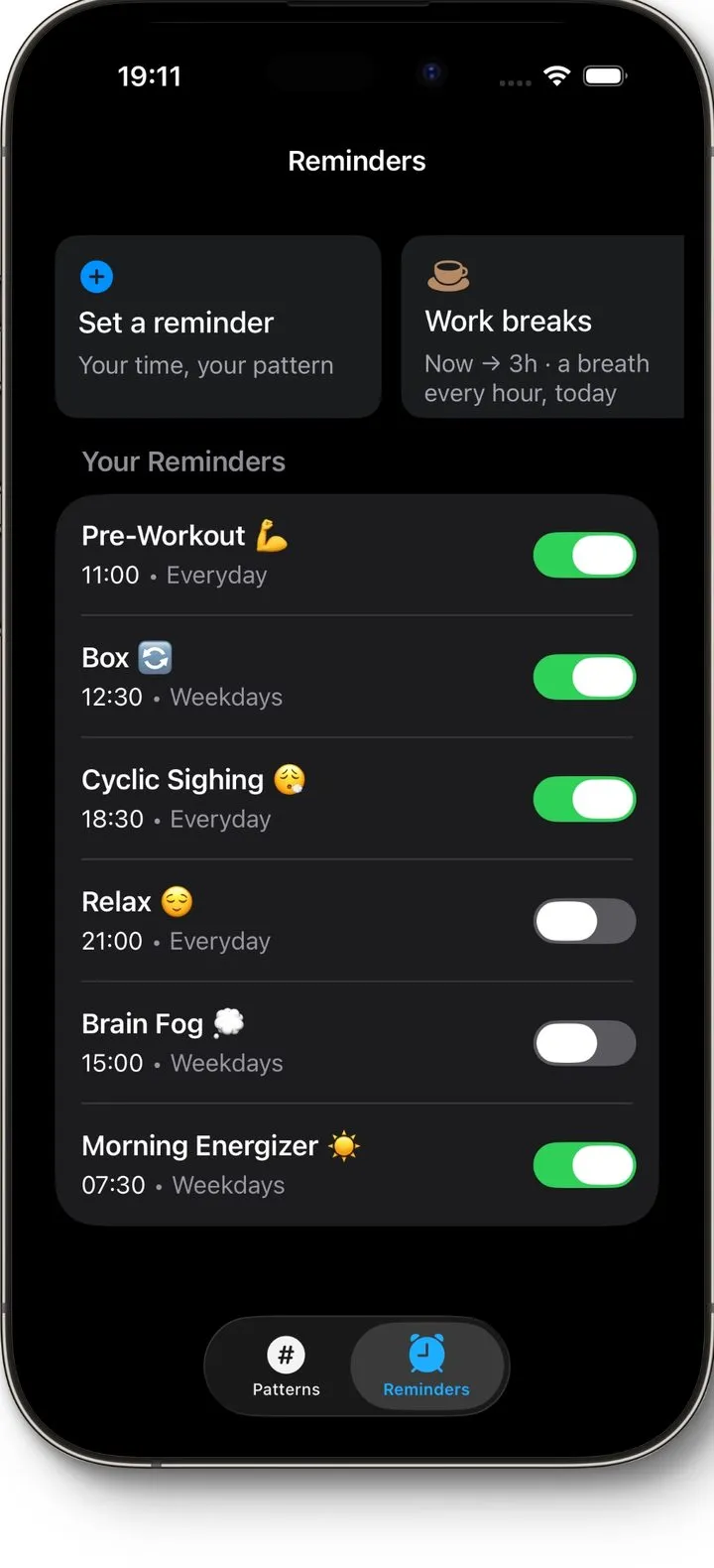 The Reminders screen: scheduled patterns through the day and hourly work-break breaths.